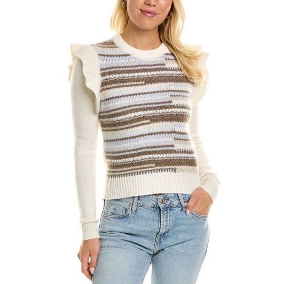 Autumn Cashmere Broken Stitch Cashmere Neutral Stripe Ruffle Sweater Size XS - Picture 1 of 7